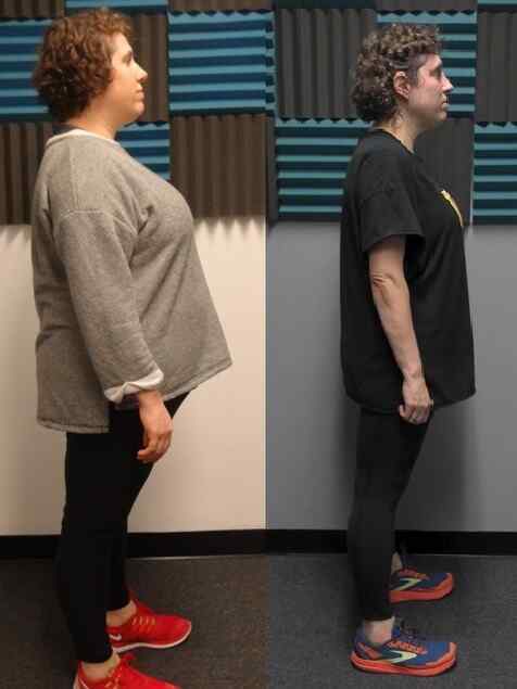 Side-by-side comparison of a woman before and after 50 lbs weight loss achieved through Glatter Fitness bootcamp.