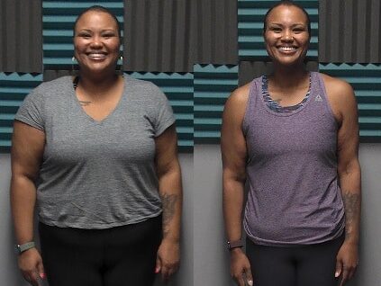 A side-by-side comparison of a woman showing her 100 lbs weight loss progress. In the left photo, she wears a grey t-shirt and black leggings. In the right photo, she wears a purple tank top and dark leggings, appearing leaner and more toned.