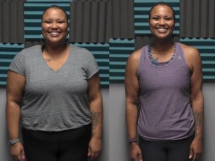 A side-by-side comparison of a woman showing her 100 lbs weight loss progress. In the left photo, she wears a grey t-shirt and black leggings. In the right photo, she wears a purple tank top and dark leggings, appearing leaner and more toned.