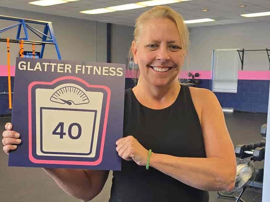 Glatter Fitness client celebrating successful 40 pound weight loss results and fitness transformation.